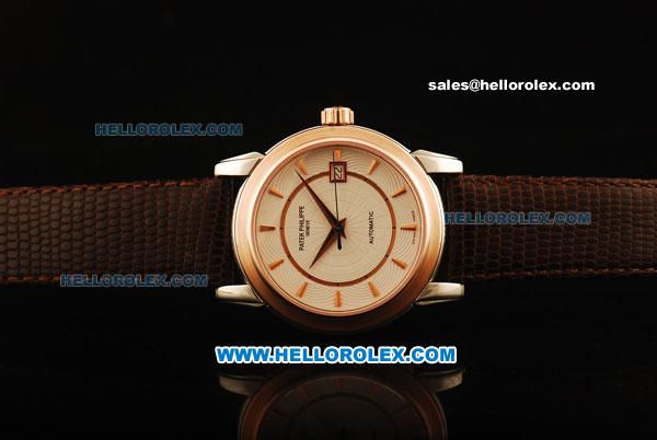 Patek Philippe Calatrava Swiss ETA 2836 Automatic Rose Gold Case with White Dial and Black Leather Strap - Click Image to Close